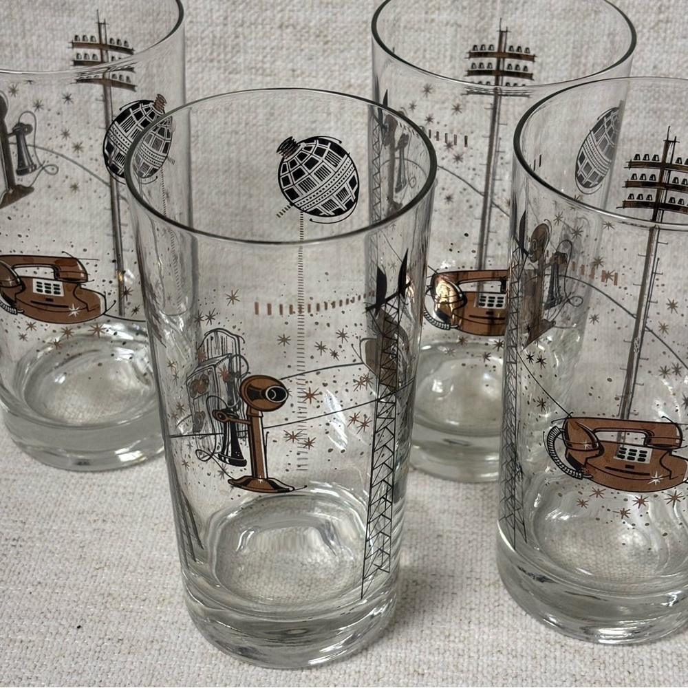 Lot (4) Vintage Mid-century Modern Highball Telephone Communications Glasses - Picture 5 of 6